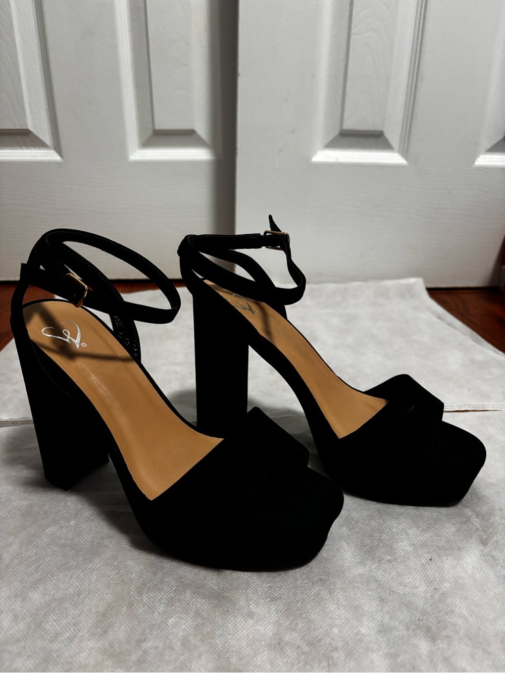 Windsor Black Suede Platform Block Heel Sandals with Ankle Strap